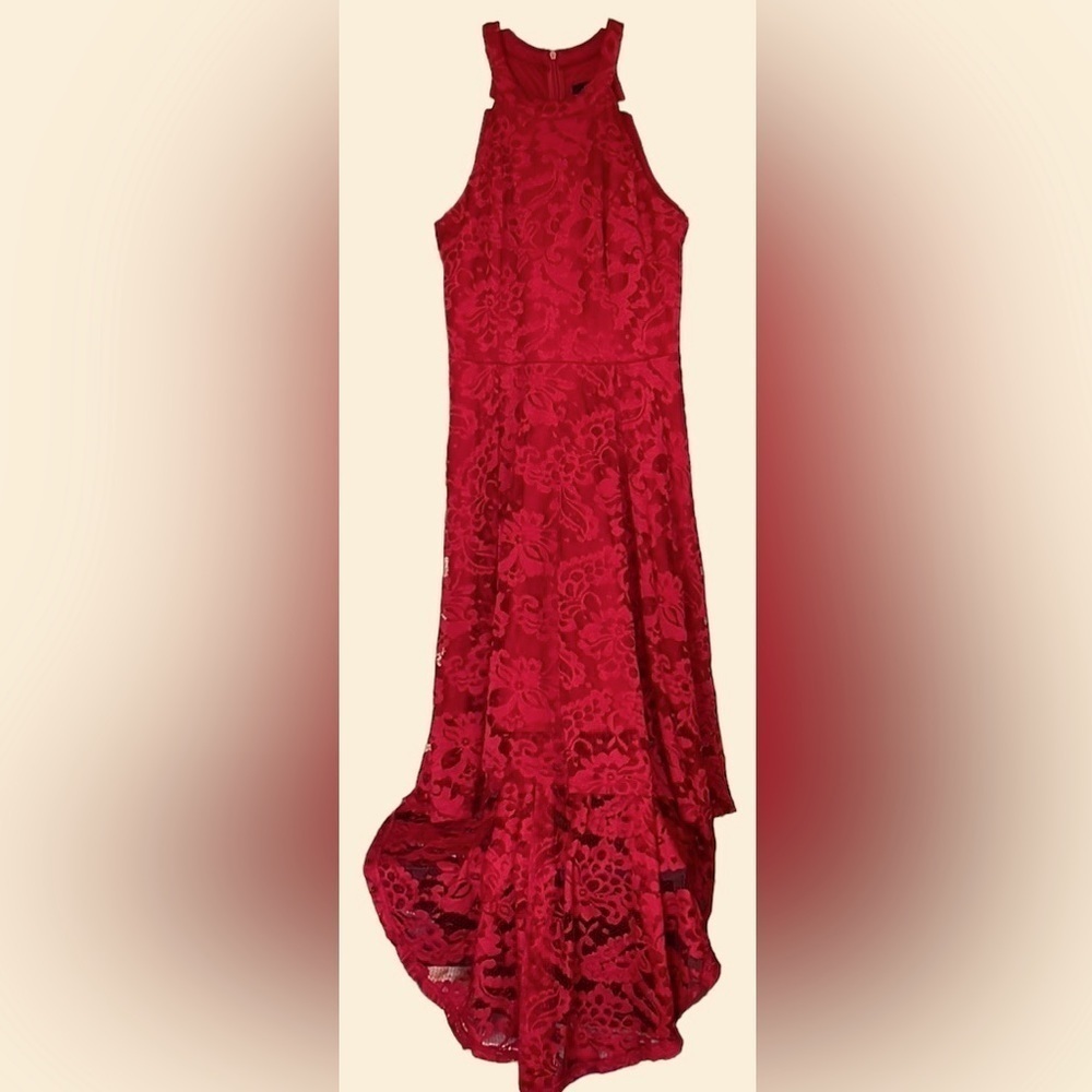 DRESSYSTAR Deep Valentines Red Halter Style Lined High Low Dress, Sz Large, GUC. - Picture 1 of 9